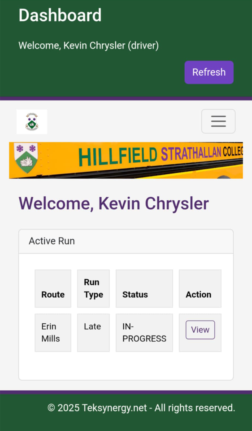 Dashboard showing an active run with details and a View Run button for the driver